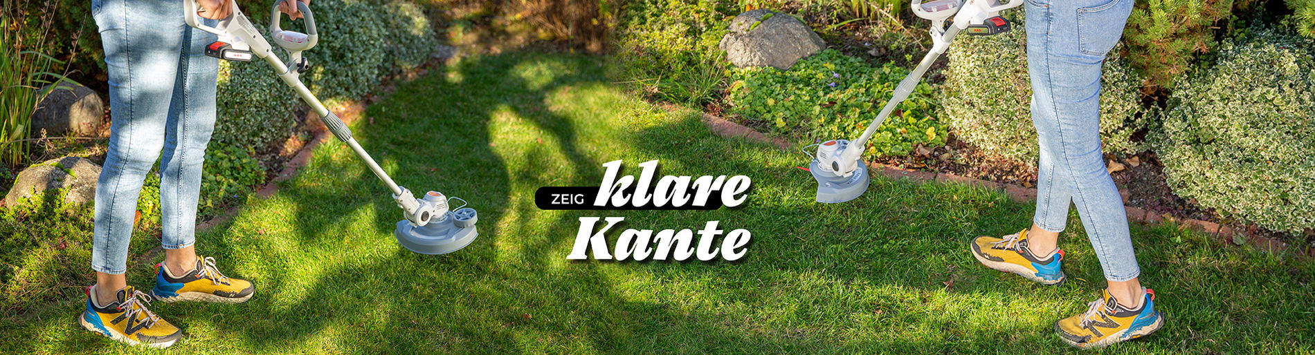 zwei Rasentrimmer mähen einen schön gepflegten rasen